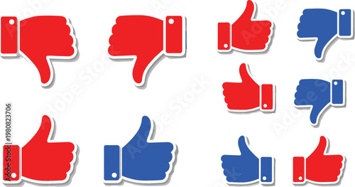 Thumbs Up and Thumbs Down Vector Icon Set with Red and Blue Hand Gestures for Social Media Feedback, Approval Ratings, and Dislike Survey Symbol Designs