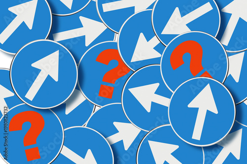 Multi direction concept with road signs which pointed in different directions - indecision and insecurity concept with question mark