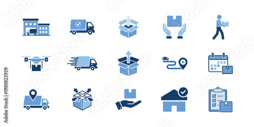 Delivery service vector icon set with various elements of shipping, logistics, and transportation industry in blue and black colors.