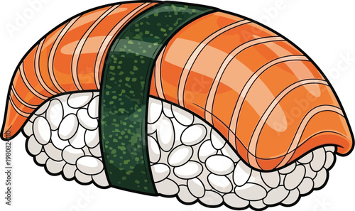 Sushi nigiri with salmon and seaweed sits isolated on a white background.