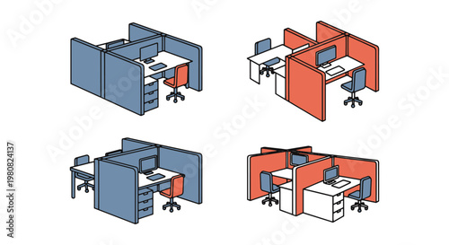 Cubicle Line art vector set modern abstract decorative illustration