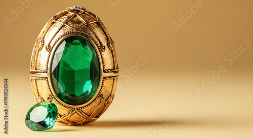 Golden egg-shaped jewelry box with emerald gem on golden background  