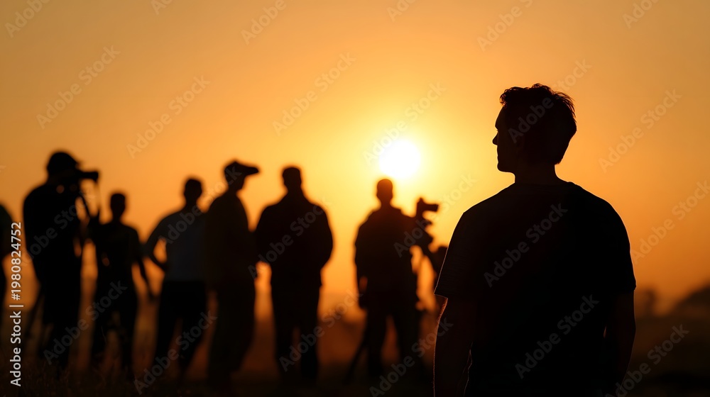 Obraz premium A diverse group of figures standing together as they observe the vibrant warm glow of the setting sun during an outdoor gathering