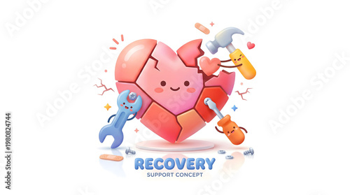 Cute cartoon heart mending with tools. Emotional recovery, mental health support, healing, and repair concept illustration.