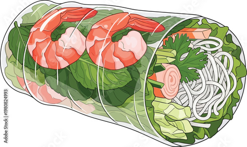 Spring roll contains fresh shrimp and crunchy vegetables in clear wrapper.