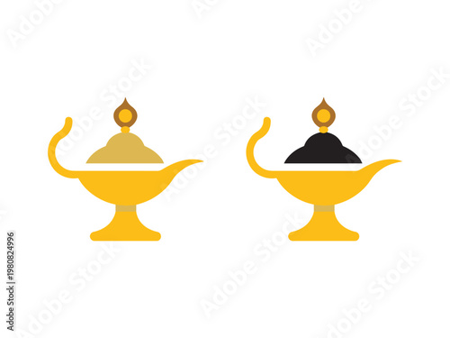 Genie lamps with lit and unlit wicks for fantasy or magic concept  oil lamps