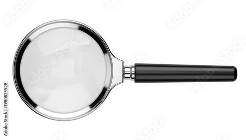 A single silver metal magnifying glass tool with a black handle and zoom lens is an isolated search equipment object for magnification on a white background