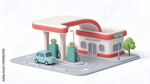 3D cartoon gas station with a small car, fuel pumps, and convenience store. Modern transportation and service concept.