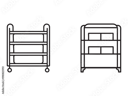 Line drawing of two identical wheeled serving trolleys with three shelves  one viewed from the side and one from the front  for food service  simple minimalist style