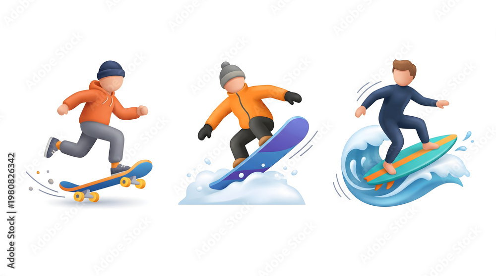 Obraz premium 3D Cartoon Board Sports Trio: Skateboarding, Snowboarding, Surfing. Dynamic active lifestyle illustration set.