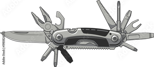 Multitool featuring many folding blades provides utility for daily.