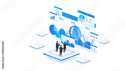 Isometric stock market data analysis with magnifying glass, financial dashboard, chart and stock market research concept in blue digital style