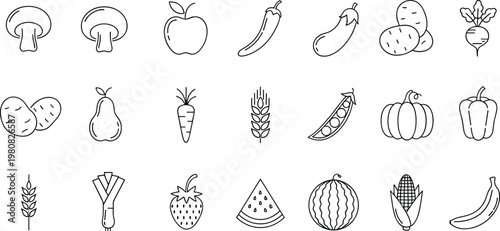Set of Hand-Drawn Vegetable and Fruit Icons for Healthy Eating, Farming, and Organic Food Design Themes
