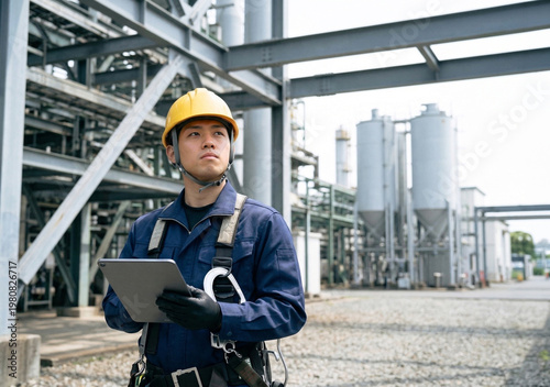 工場プラントでタブレットを使い点検業務や施工管理を行うフルハーネス姿の男性作業員