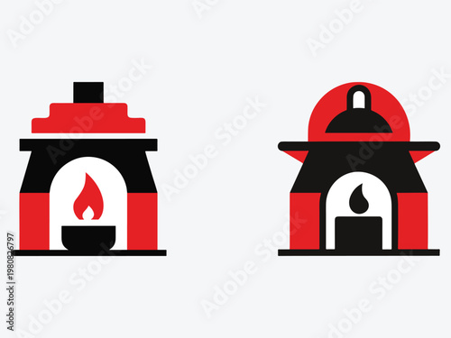 Red and black icons of kilns with fire and smoke on white background  kiln icons