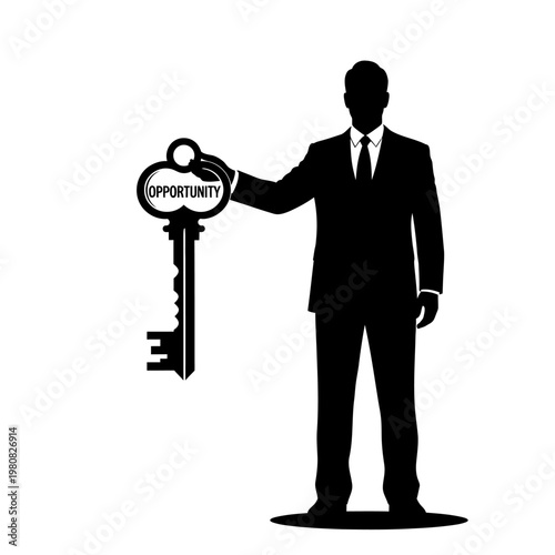 Silhouette of a businessman holding a key with the word opportunity.