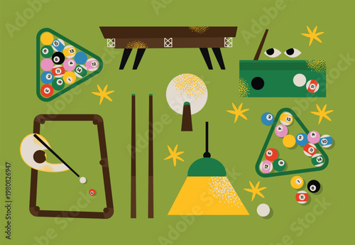 Billiard Game Set Vector Illustration: Flat Design Elements of Pool Table, Cues, Colorful Numbered Balls in Triangles, Lamp, for Sports Pub, Cafe, or Entertainment Theme Cocept