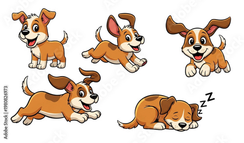 Cartoon puppy dog character set vector illustration cute pet poses