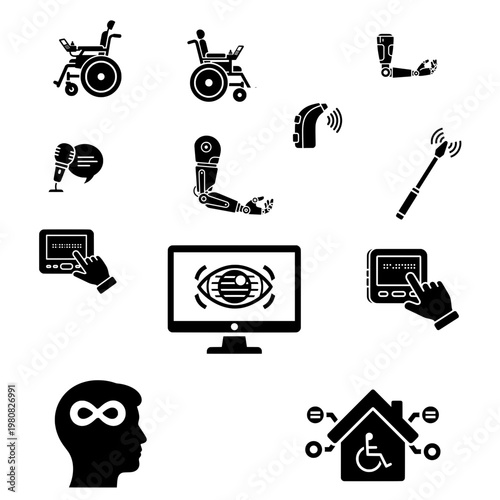 Accessible Tech, Disability Support and Inclusion Solid Black Vector Icon Set