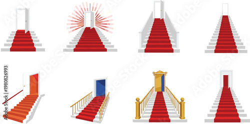 Set of Vector Illustrations Featuring Red Carpet Stairs and Different Door Designs for Luxury, Event, and Glamour Themes