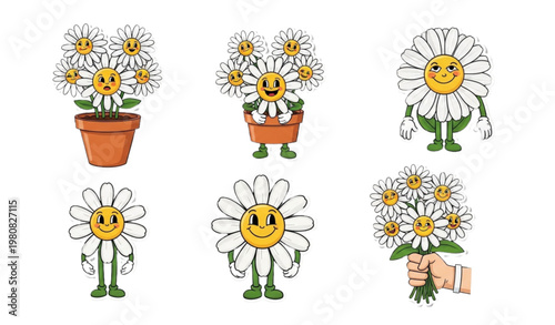 Funny daisy flower sticker set retro comic floral mascot vector illustration