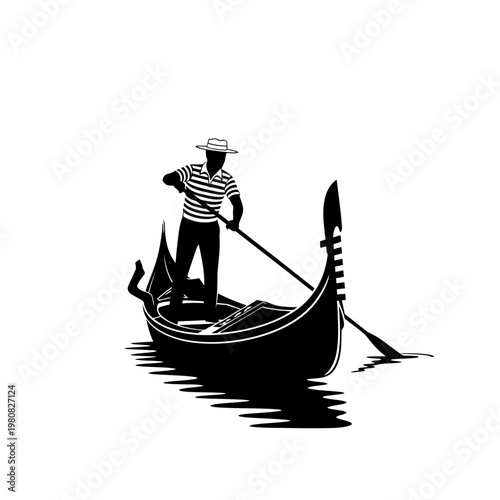 Man rows traditional Venetian gondola through calm waters