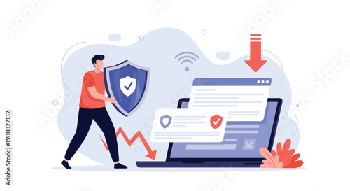 Determined man uses a large blue shield to defend a laptop from incoming data breaches and falling red arrows representing security risks.