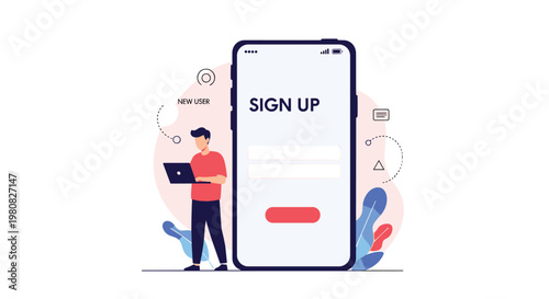 User stands with a laptop in front of a giant mobile phone displaying a sign-up registration form for a new online account.