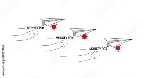 Multiple paper planes carrying red virus symbols fly through the air to illustrate the rapid spread of monkeypox infections globally.