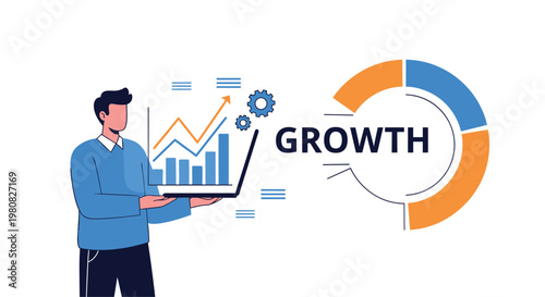Data analyst holds a laptop displaying a rising bar chart next to a colorful circular pie chart representing business growth.