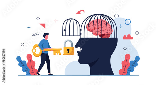 Man carrying a large golden key walks toward a silhouetted head containing a brain inside a cage to unlock mental potential and freedom.