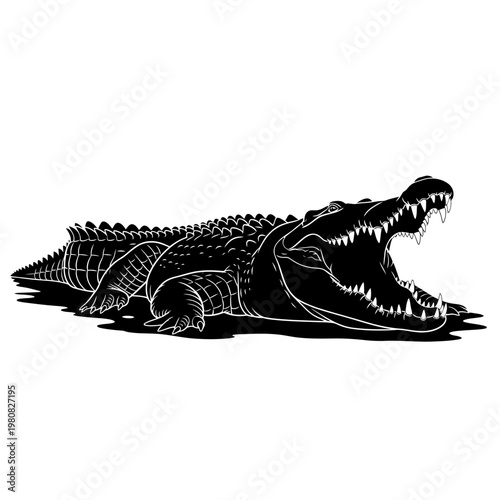 A large crocodile opens its mouth widely in water