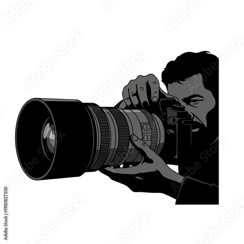 Man holding camera and large lens to take a photo