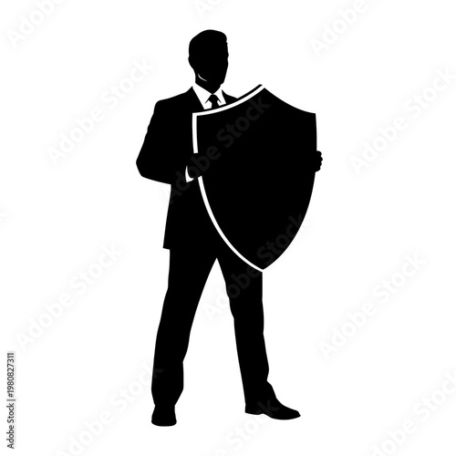 Silhouette of a businessman holding a shield, representing protection and security.