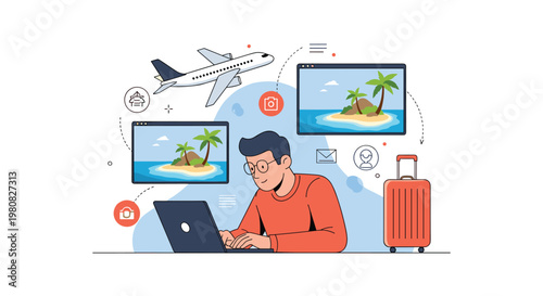 Man plans his next vacation on a laptop surrounded by travel icons including a suitcase, an airplane, and beautiful tropical island photos.