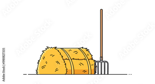 Large golden haystack sits in a harvested field with a traditional metal pitchfork leaning against it under a clear white background.