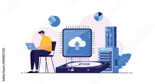 IT specialist works on a laptop next to a high-tech CPU chip featuring a cloud upload icon and professional server storage racks.