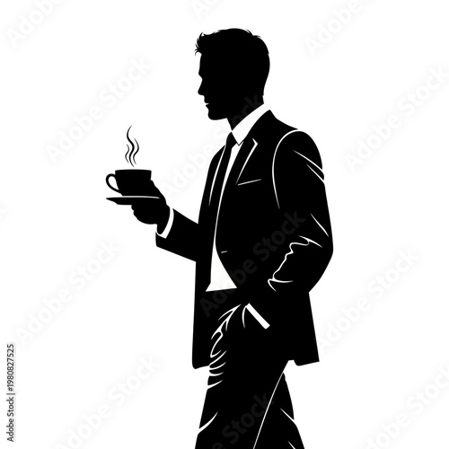 Silhouette of a businessman holding a steaming cup of coffee.