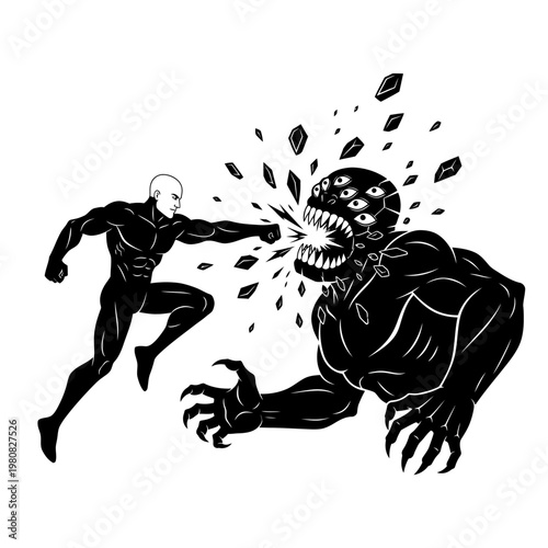 Man fights monster in intense battle scene