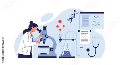 Female medical researcher in a white coat examines samples through a microscope in a laboratory filled with virus and DNA illustrations.