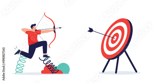 Determined archer uses a coil spring to launch himself into the air while aiming a bow and arrow at a distant red and white bullseye target.
