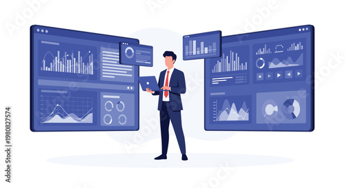 Data scientist stands with a laptop between two giant screens displaying complex statistical dashboards with charts, maps, and bar graphs.