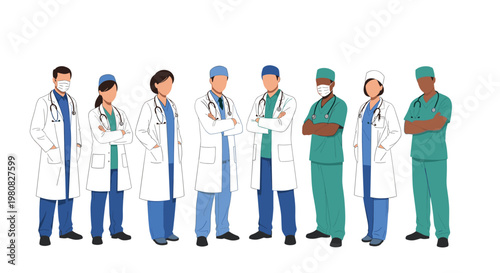 Team of eight medical professionals including doctors and nurses of various ethnicities stand together in their white coats and scrubs.