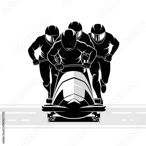 Bobsled team pushes their bobsled on ice track