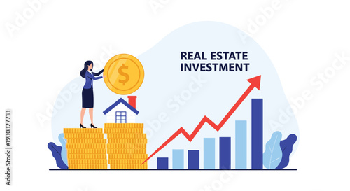 Savvy investor placing a gold coin on a house icon set against a rising financial growth chart for real estate investment.