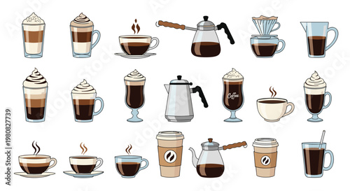 Diverse collection of coffee beverages including lattes and espressos along with various brewing pots and mugs on white.