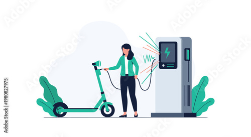 Environmentally conscious woman charging her green electric kick scooter at a modern power station with lightning bolt icon.