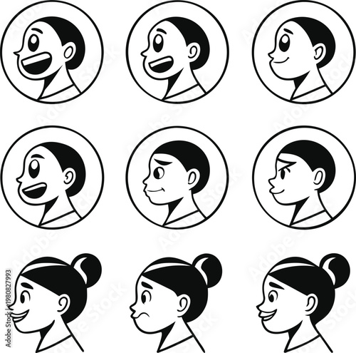 Cartoon faces, woman expressions, profile views, black and white icons, emotive illustrations, 9 designs