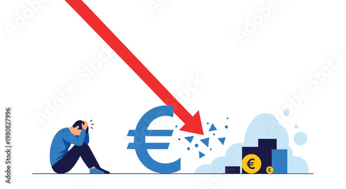 Desperate man sitting on the floor next to a large blue euro symbol and a red arrow pointing sharply downwards in crisis.