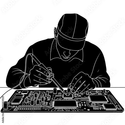 Technician repairing circuit board with tools